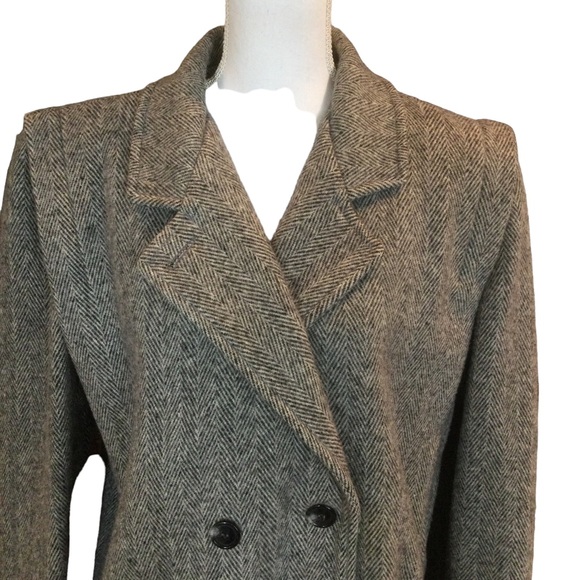 Vintage Black & White Herringbone Double Breasted Wool Overcoat Size 14 - Picture 5 of 16